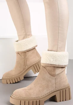 Ciemnobeżowe Botki na Grubej Podeszwie Lymall