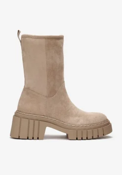 Ciemnobeżowe Botki na Grubej Podeszwie Lymall