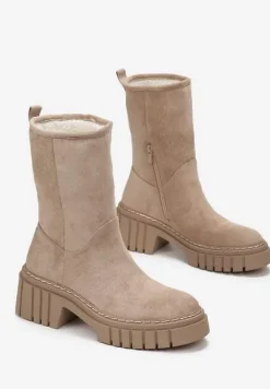 Ciemnobeżowe Botki na Grubej Podeszwie Lymall