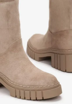 Ciemnobeżowe Botki na Grubej Podeszwie Lymall