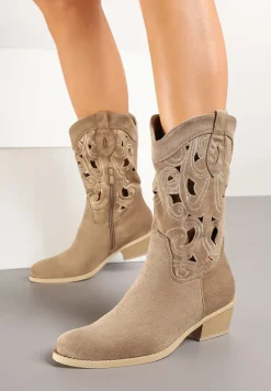 Ciemnobeżowe Botki na Obcasie Typu Kowbojki z Cholewką Zdobioną Ażurowymi Wycięciami Felithiel