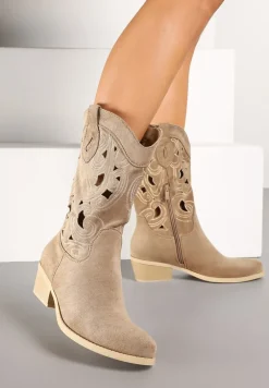 Ciemnobeżowe Botki na Obcasie Typu Kowbojki z Cholewką Zdobioną Ażurowymi Wycięciami Felithiel