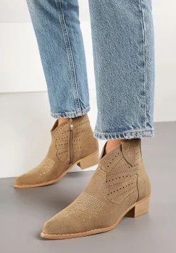 Ciemnobeżowe Botki na Stożku w Stylu Kowbojek z Ażurową Cholewką Fonarela