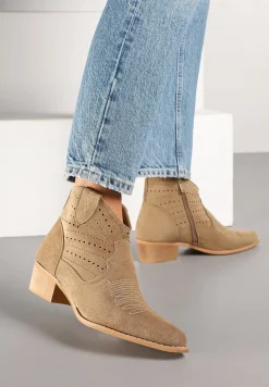 Ciemnobeżowe Botki na Stożku w Stylu Kowbojek z Ażurową Cholewką Fonarela