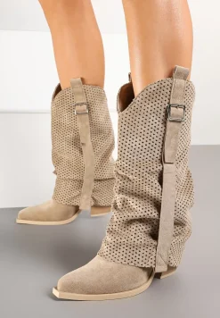 Ciemnobeżowe Botki na Stożku w Stylu Kowbojek z Wywiniętą Cholewką Sinala
