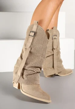 Ciemnobeżowe Botki na Stożku w Stylu Kowbojek z Wywiniętą Cholewką Sinala