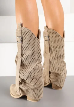 Ciemnobeżowe Botki na Stożku w Stylu Kowbojek z Wywiniętą Cholewką Sinala