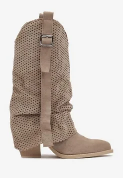 Ciemnobeżowe Botki na Stożku w Stylu Kowbojek z Wywiniętą Cholewką Sinala