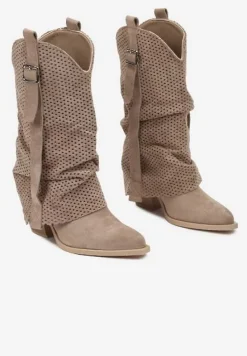 Ciemnobeżowe Botki na Stożku w Stylu Kowbojek z Wywiniętą Cholewką Sinala