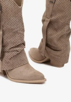 Ciemnobeżowe Botki na Stożku w Stylu Kowbojek z Wywiniętą Cholewką Sinala