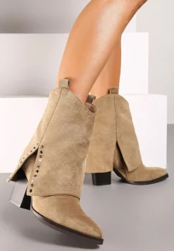 Ciemnobeżowe Botki na Stożkowym Obcasie z Wywiniętą Cholewką i Cyrkoniami Movene
