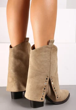 Ciemnobeżowe Botki na Stożkowym Obcasie z Wywiniętą Cholewką i Cyrkoniami Movene