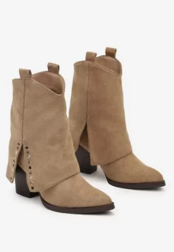 Ciemnobeżowe Botki na Stożkowym Obcasie z Wywiniętą Cholewką i Cyrkoniami Movene