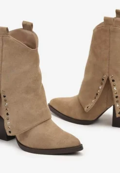 Ciemnobeżowe Botki na Stożkowym Obcasie z Wywiniętą Cholewką i Cyrkoniami Movene