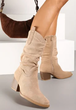 Ciemnobeżowe Botki na Stożku w Stylu Kowbojek z Ozdobnymi Paskami Hetitera