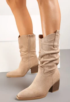 Ciemnobeżowe Botki na Stożku w Stylu Kowbojek z Ozdobnymi Paskami Hetitera