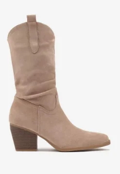 Ciemnobeżowe Botki na Stożku w Stylu Kowbojek z Ozdobnymi Paskami Hetitera