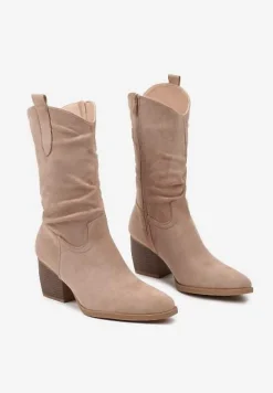 Ciemnobeżowe Botki na Stożku w Stylu Kowbojek z Ozdobnymi Paskami Hetitera
