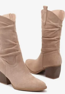 Ciemnobeżowe Botki na Stożku w Stylu Kowbojek z Ozdobnymi Paskami Hetitera