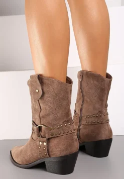 Ciemnobeżowe Botki na Stożku Bikery Kowbojki z Ozdobną Klamrą Merindale