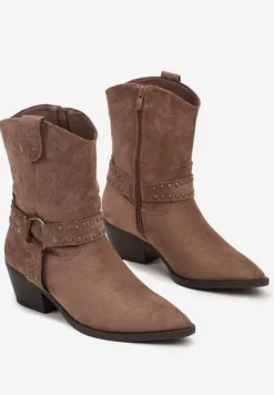 Ciemnobeżowe Botki na Stożku Bikery Kowbojki z Ozdobną Klamrą Merindale