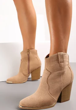 Ciemnobeżowe Botki na Stożkowym Obcasie w Stylu Kowbojek Ellite