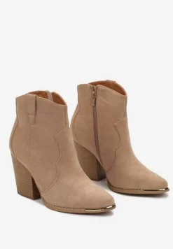 Ciemnobeżowe Botki na Stożkowym Obcasie w Stylu Kowbojek Ellite