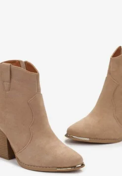 Ciemnobeżowe Botki na Stożkowym Obcasie w Stylu Kowbojek Ellite