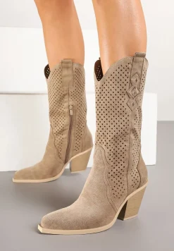 Ciemnobeżowe Botki na Stożku Kowbojki z Ażurową Cholewką Feliraen