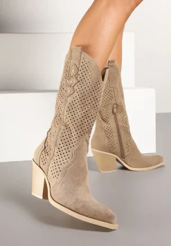 Ciemnobeżowe Botki na Stożku Kowbojki z Ażurową Cholewką Feliraen