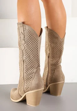Ciemnobeżowe Botki na Stożku Kowbojki z Ażurową Cholewką Feliraen