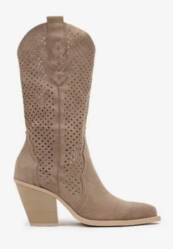 Ciemnobeżowe Botki na Stożku Kowbojki z Ażurową Cholewką Feliraen