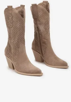 Ciemnobeżowe Botki na Stożku Kowbojki z Ażurową Cholewką Feliraen