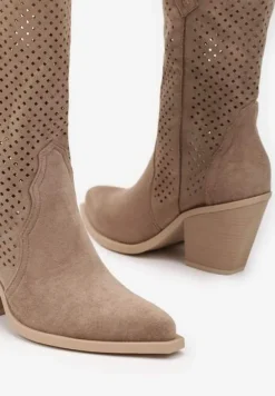 Ciemnobeżowe Botki na Stożku Kowbojki z Ażurową Cholewką Feliraen