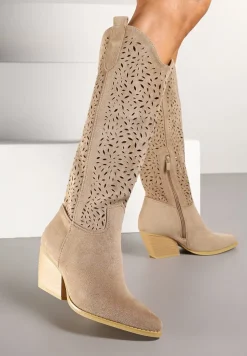 Ciemnobeżowe Botki na Stożku w Stylu Kowbojek Fonarilla