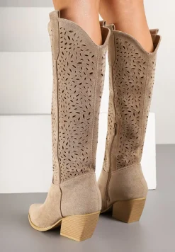Ciemnobeżowe Botki na Stożku w Stylu Kowbojek Fonarilla