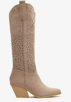 Ciemnobeżowe Botki na Stożku w Stylu Kowbojek Fonarilla