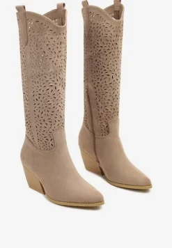 Ciemnobeżowe Botki na Stożku w Stylu Kowbojek Fonarilla