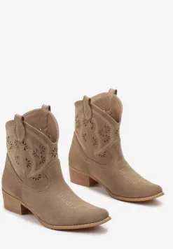 Ciemnobeżowe Botki na Słupku z Ażurową Wstawką i Wkładką ze Skóry Naturalnej Lunaflora