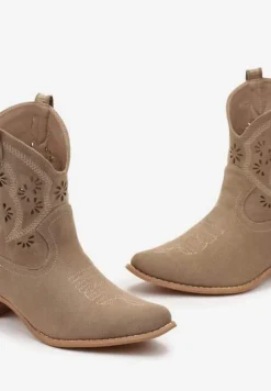 Ciemnobeżowe Botki na Słupku z Ażurową Wstawką i Wkładką ze Skóry Naturalnej Lunaflora