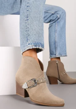 Ciemnobeżowe Botki na Słupku w Stylu Kowbojek z Ozdobnym Paskiem i Cyrkoniami Timola