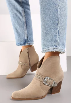 Ciemnobeżowe Botki na Słupku w Stylu Kowbojek z Ozdobnym Paskiem i Cyrkoniami Timola