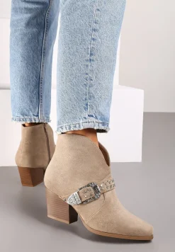 Ciemnobeżowe Botki na Słupku w Stylu Kowbojek z Ozdobnym Paskiem i Cyrkoniami Timola