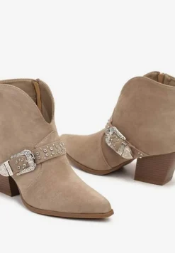 Ciemnobeżowe Botki na Słupku w Stylu Kowbojek z Ozdobnym Paskiem i Cyrkoniami Timola