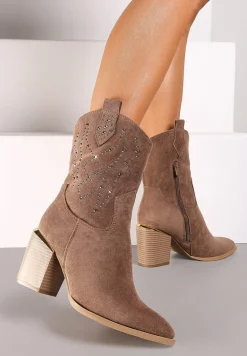 Ciemnobeżowe Botki na Słupku w Stylu Kowbojek Irilianne