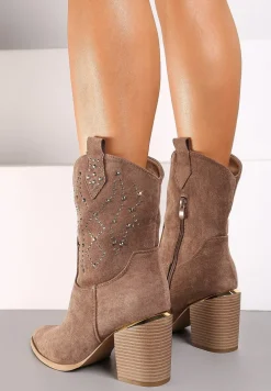 Ciemnobeżowe Botki na Słupku w Stylu Kowbojek Irilianne