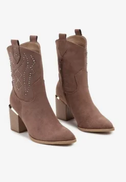 Ciemnobeżowe Botki na Słupku w Stylu Kowbojek Irilianne