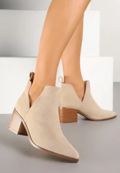 Ciemnobeżowe Botki na Słupku Vices Ozdobione Wycięciem Annavin