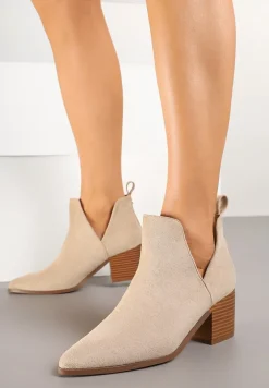 Ciemnobeżowe Botki na Słupku Vices Ozdobione Wycięciem Annavin