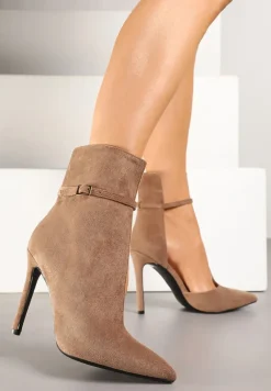 Ciemnobeżowe Botki na Szpilce Ozdobione Paskami z Klamrami Wionesa
